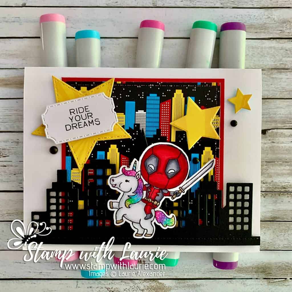 Ride Your Dreams Card - a card with a city scene and a man riding a unicorn